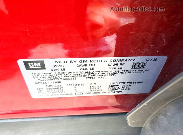 KL79MMS2XMB082666 2021 CHEVROLET TRAILBLAZER Красный Вид наклейки с VIN-кодом