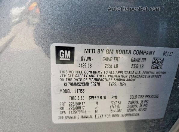 KL79MMS2XMB158970 2021 CHEVROLET TRAILBLAZER Серебряный Вид наклейки с VIN-кодом