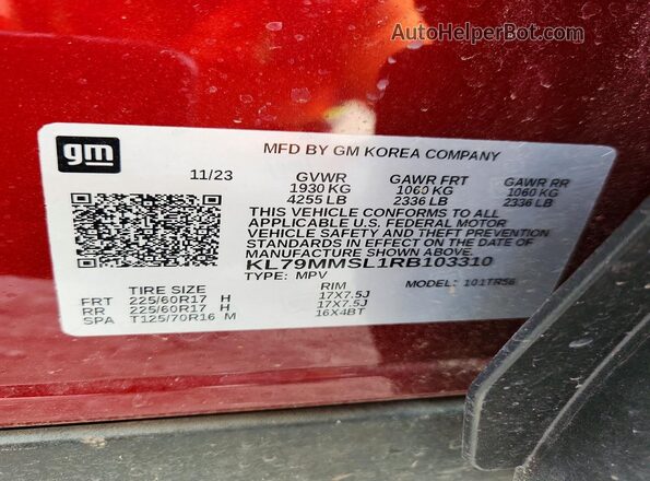 KL79MMSL1RB103310 2024 CHEVROLET TRAILBLAZER Burgundy Вид наклейки з VIN-кодом