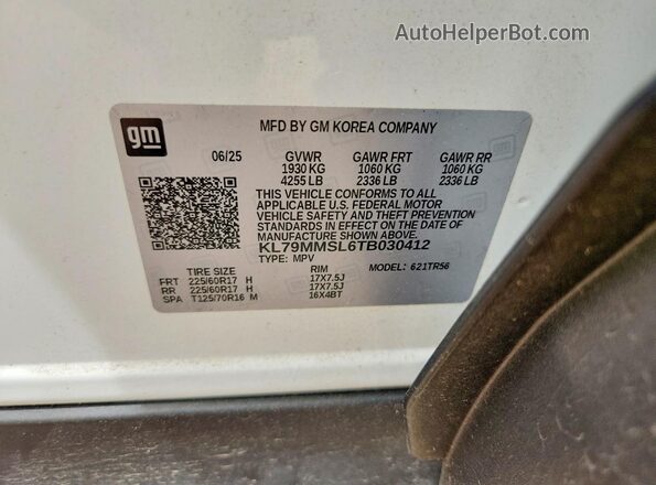 KL79MMSL6TB030412 2026 CHEVROLET TRAILBLAZER White Вид підкапотного простору