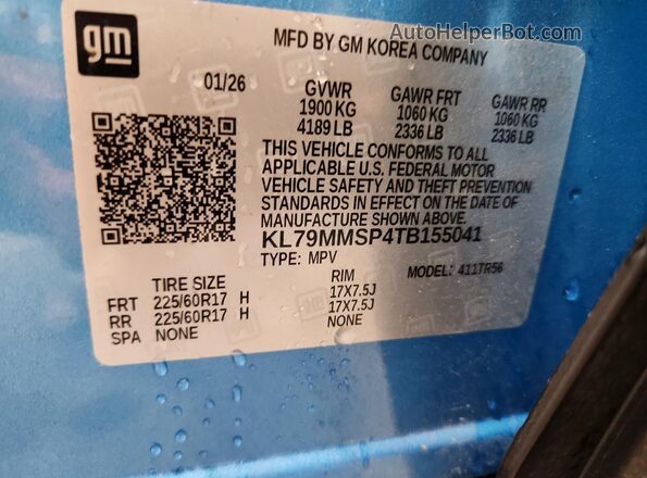 KL79MMSP4TB155041 2026 CHEVROLET TRAILBLAZER Blue Панорамний вид салону 360°