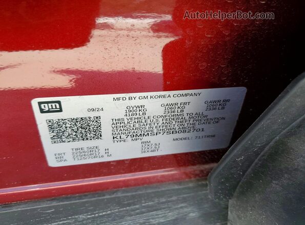 KL79MMSP7SB082701 2025 CHEVROLET TRAILBLAZER Красный Вид наклейки с VIN-кодом