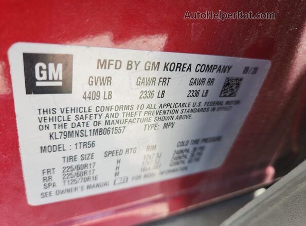 KL79MNSL1MB061557 2021 CHEVROLET TRAILBLAZER Maroon VIN კოდის სტიკერის ხედი