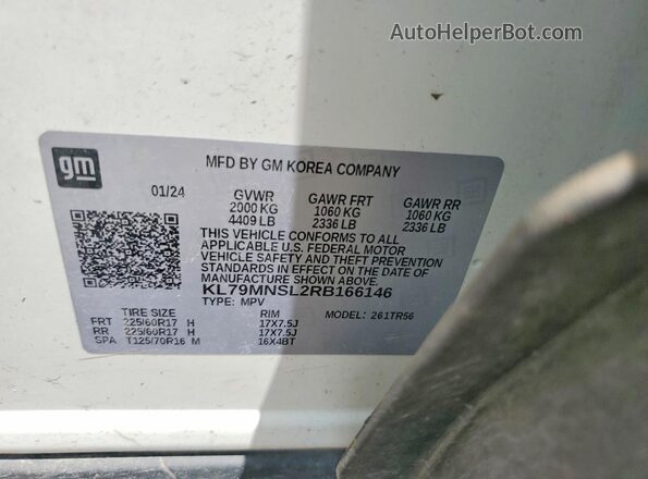 KL79MNSL2RB166146 2024 CHEVROLET TRAILBLAZER White VIN კოდის სტიკერის ხედი
