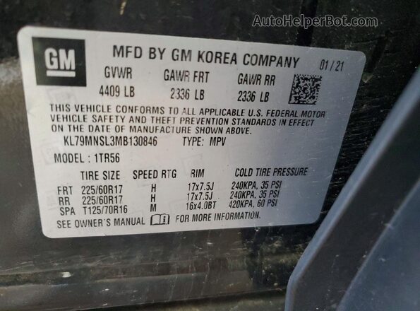 KL79MNSL3MB130846 2021 CHEVROLET TRAILBLAZER Charcoal Vista de la etiqueta del VIN