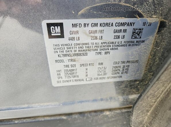 KL79MNSLXMB082620 2021 CHEVROLET TRAILBLAZER Gray Widok naklejki z numerem VIN