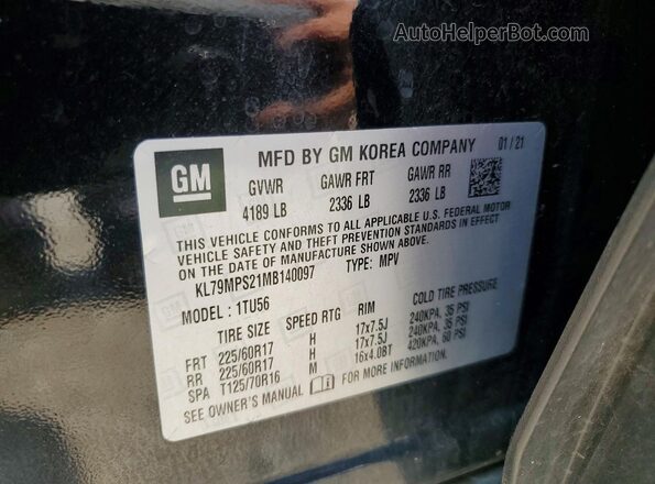 KL79MPS21MB140097 2021 CHEVROLET TRAILBLAZER Black Widok naklejki z numerem VIN