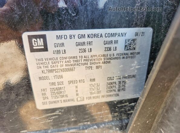 KL79MPS22NB006667 2022 CHEVROLET TRAILBLAZER Черный Вид наклейки с VIN-кодом