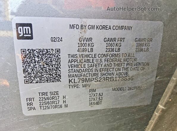 KL79MPS23RB173836 2024 CHEVROLET TRAILBLAZER Gray Vista de la etiqueta del VIN