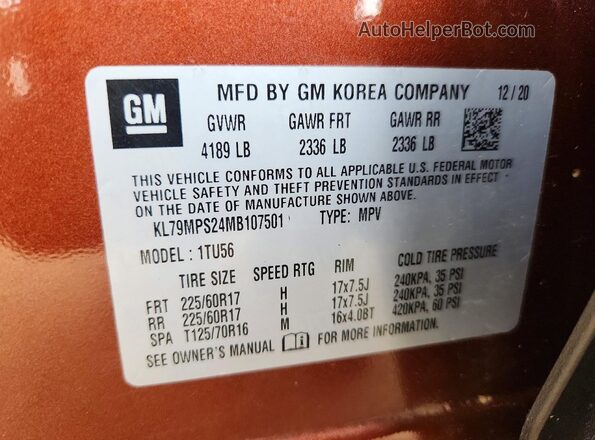 KL79MPS24MB107501 2021 CHEVROLET TRAILBLAZER Orange Engine compartment view