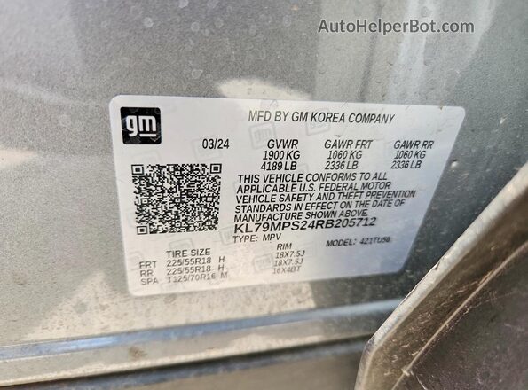 KL79MPS24RB205712 2024 CHEVROLET TRAILBLAZER Charcoal Widok naklejki z numerem VIN