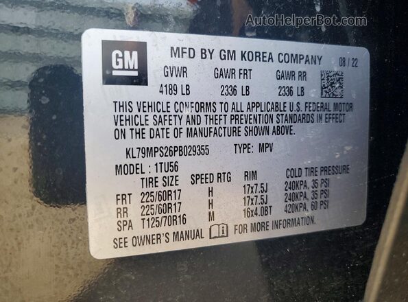 KL79MPS26PB029355 2023 CHEVROLET TRAILBLAZER Black Widok naklejki z numerem VIN