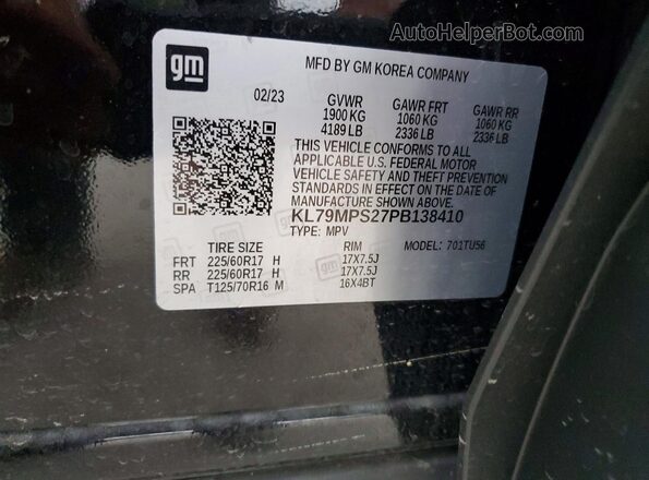 KL79MPS27PB138410 2023 CHEVROLET TRAILBLAZER Black VIN კოდის სტიკერის ხედი