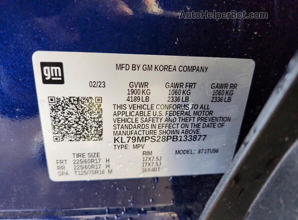 KL79MPS28PB133877 2023 CHEVROLET TRAILBLAZER Blue VIN sticker view