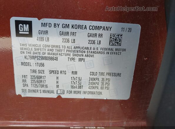 KL79MPS29MB098648 2021 CHEVROLET TRAILBLAZER Brown Vista del compartimento del motor