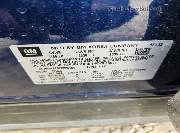 KL79MPS29PB025154 2023 CHEVROLET TRAILBLAZER Blue Widok naklejki z numerem VIN