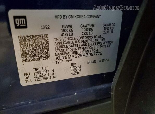KL79MPS29PB057778 2023 CHEVROLET TRAILBLAZER Blue Vista de la etiqueta del VIN
