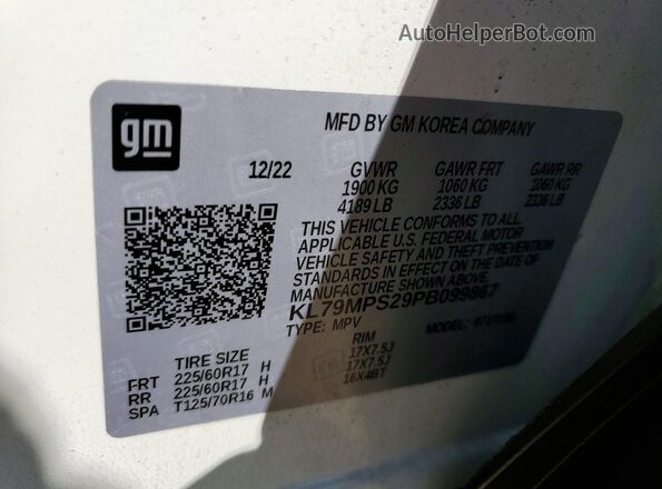 KL79MPS29PB099867 2023 CHEVROLET TRAILBLAZER White Vista de la etiqueta del VIN