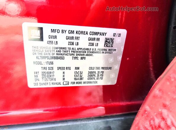 KL79MPSL0MB004553 2021 CHEVROLET TRAILBLAZER Red VIN კოდის სტიკერის ხედი