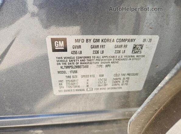 KL79MPSL2MB073468 2021 CHEVROLET TRAILBLAZER Charcoal VIN sticker view