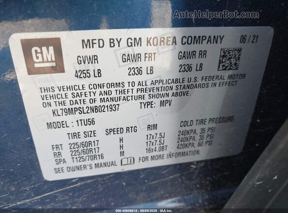 KL79MPSL2NB021937 2022 CHEVROLET TRAILBLAZER Blue ძრავის განყოფილების ხედი