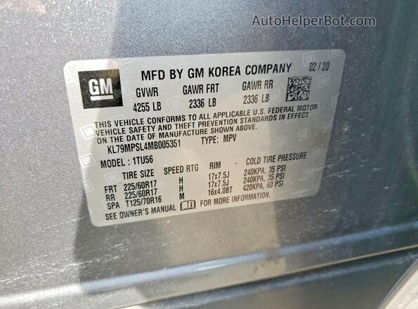KL79MPSL4MB005351 2021 CHEVROLET TRAILBLAZER Серебряный Вид наклейки с VIN-кодом
