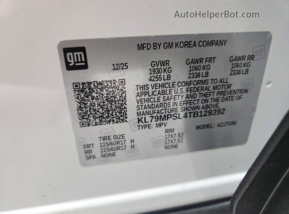 KL79MPSL4TB129392 2026 CHEVROLET TRAILBLAZER White Սալոնի 360 աստիճան տեսք