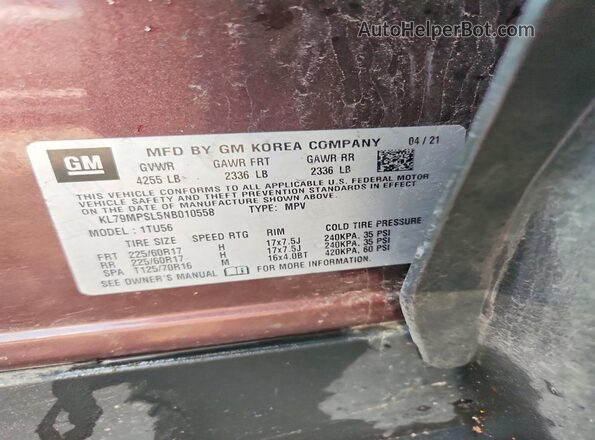 KL79MPSL5NB010558 2022 CHEVROLET TRAILBLAZER Maroon Widok komory silnika