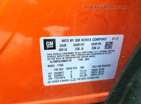 KL79MPSL5NB047142 2022 CHEVROLET TRAILBLAZER Orange Widok naklejki z numerem VIN