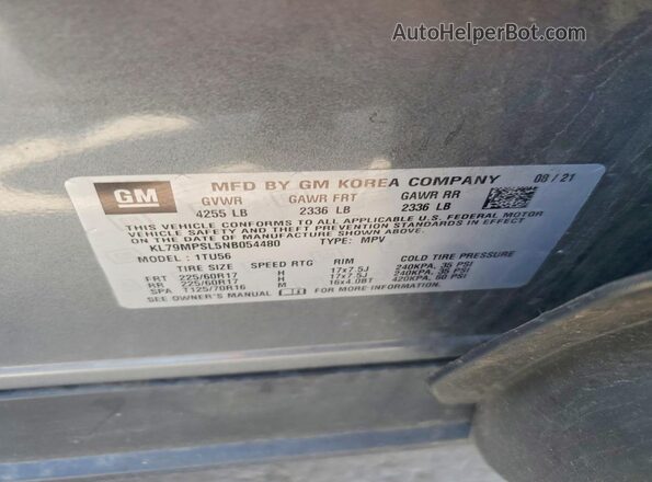 KL79MPSL5NB054480 2022 CHEVROLET TRAILBLAZER Серый Вид наклейки с VIN-кодом