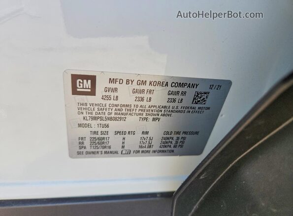 KL79MPSL5NB082912 2022 CHEVROLET TRAILBLAZER White Widok naklejki z numerem VIN