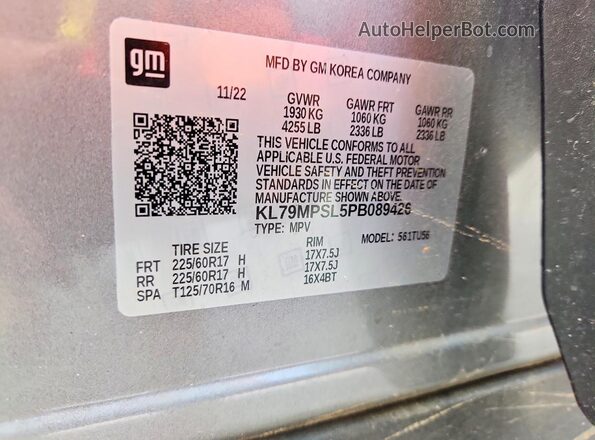 KL79MPSL5PB089426 2023 CHEVROLET TRAILBLAZER Gray Vista de la etiqueta del VIN