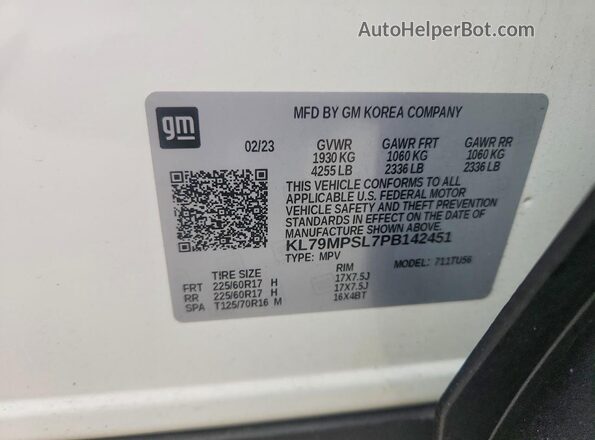 KL79MPSL7PB142451 2023 CHEVROLET TRAILBLAZER White Вид наклейки з VIN-кодом