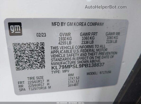 KL79MPSL9PB138837 2023 CHEVROLET TRAILBLAZER White Շարժիչի բաժամունքի տեսք