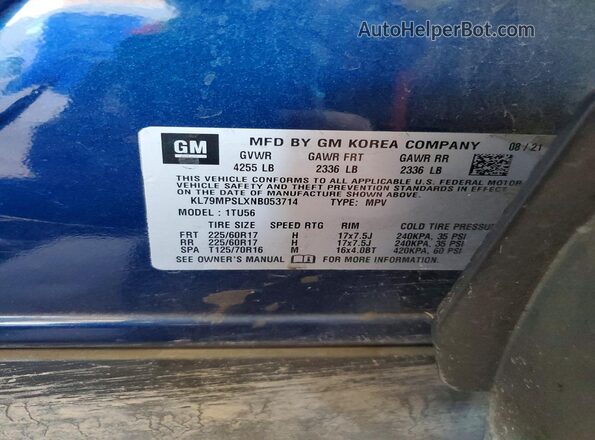 KL79MPSLXNB053714 2022 CHEVROLET TRAILBLAZER Blue სალონის 360-გრადუსიანი ხედი