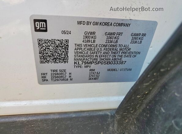 KL79MPSP0SB033387 2025 CHEVROLET TRAILBLAZER Белый Вид наклейки с VIN-кодом