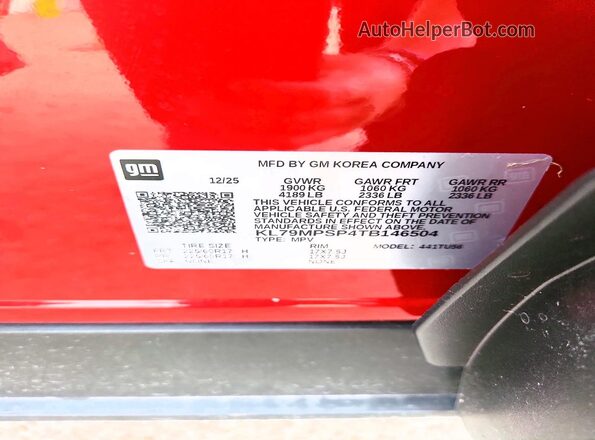 KL79MPSP4TB146504 2026 CHEVROLET TRAILBLAZER Red Vista de la etiqueta del VIN
