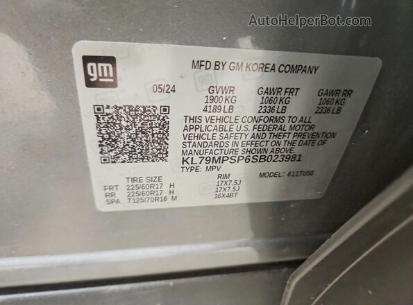 KL79MPSP6SB023981 2025 CHEVROLET TRAILBLAZER Gray VIN կոդի պիտակի տեսք