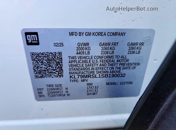 KL79MRSL1SB190032 2025 CHEVROLET TRAILBLAZER Белый Вид наклейки с VIN-кодом