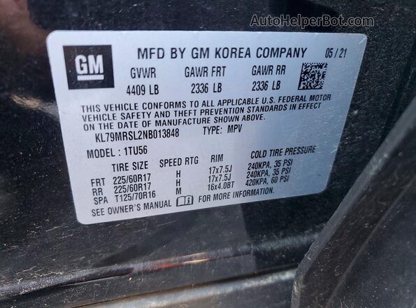 KL79MRSL2NB013848 2022 CHEVROLET TRAILBLAZER Black VIN კოდის სტიკერის ხედი