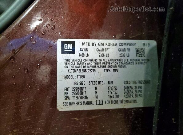 KL79MRSL2NB028219 2022 CHEVROLET TRAILBLAZER Burgundy Vista de la etiqueta del VIN