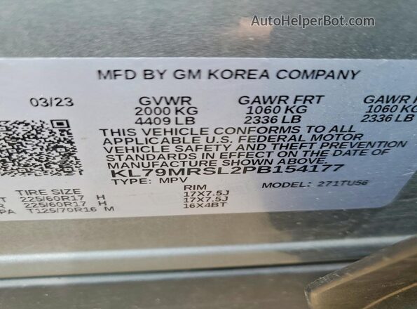 KL79MRSL2PB154177 2023 CHEVROLET TRAILBLAZER Серебряный Вид наклейки с VIN-кодом
