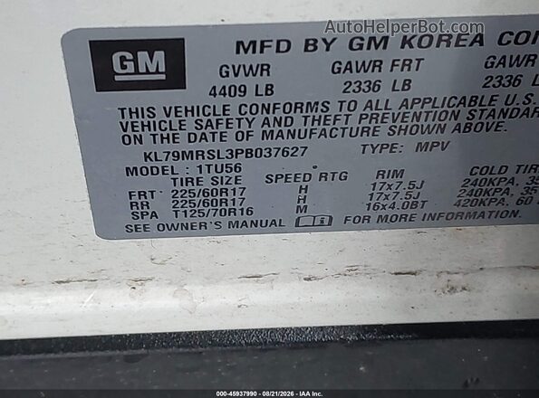KL79MRSL3PB037627 2023 CHEVROLET TRAILBLAZER White Вид наклейки з VIN-кодом