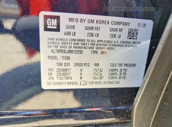 KL79MRSL4MB122293 2021 CHEVROLET TRAILBLAZER Blue VIN sticker view