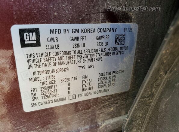 KL79MRSL4NB090429 2022 CHEVROLET TRAILBLAZER Brown Widok naklejki z numerem VIN