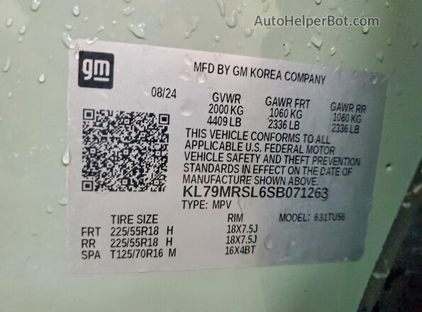 KL79MRSL6SB071263 2025 CHEVROLET TRAILBLAZER Green Widok naklejki z numerem VIN