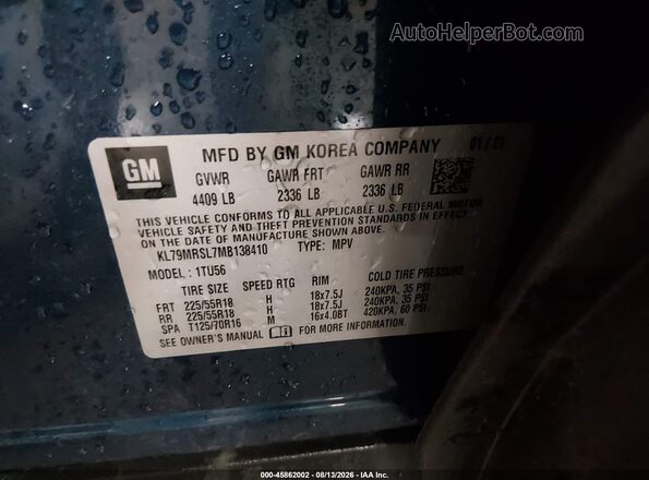 KL79MRSL7MB138410 2021 CHEVROLET TRAILBLAZER Blue Vista del compartimento del motor