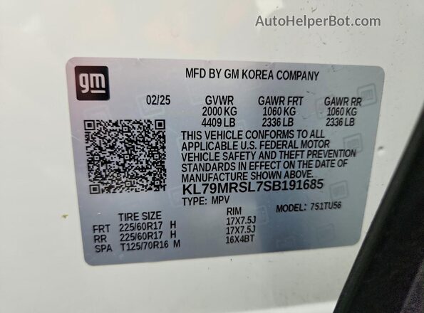 KL79MRSL7SB191685 2025 CHEVROLET TRAILBLAZER Белый Вид наклейки с VIN-кодом