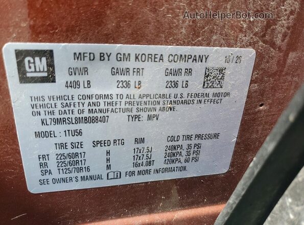 KL79MRSL8MB088407 2021 CHEVROLET TRAILBLAZER Orange Vista de la etiqueta del VIN