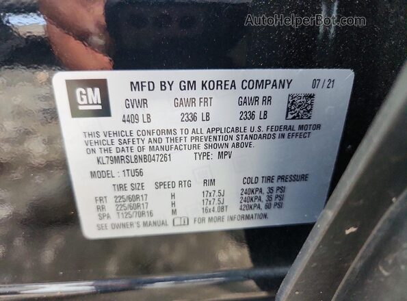 KL79MRSL8NB047261 2022 CHEVROLET TRAILBLAZER Black Vista de la etiqueta del VIN